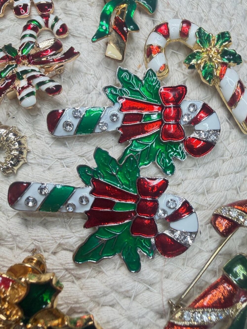 Candy Cane Brooch Lot 11 Christmas Enamel Pins Vintage Modern Holiday Jewelry - Picture 4 of 8